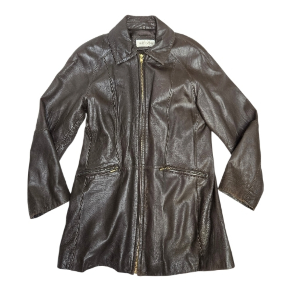VINTAGE 90s brown leather Jones New York trench‎ coat L